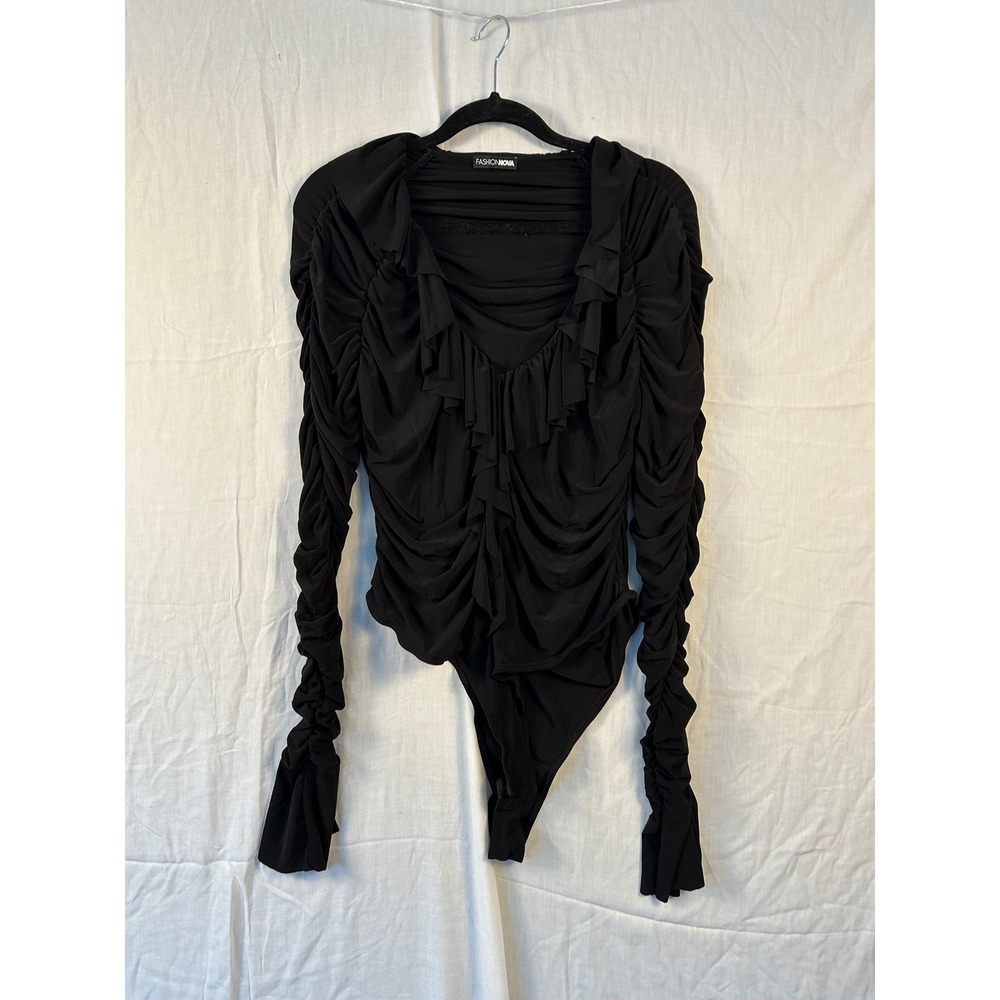 Fashion Nova Womens Black Ruched Ruffle V-Neck Long Sleeve Bodysuit #Misc